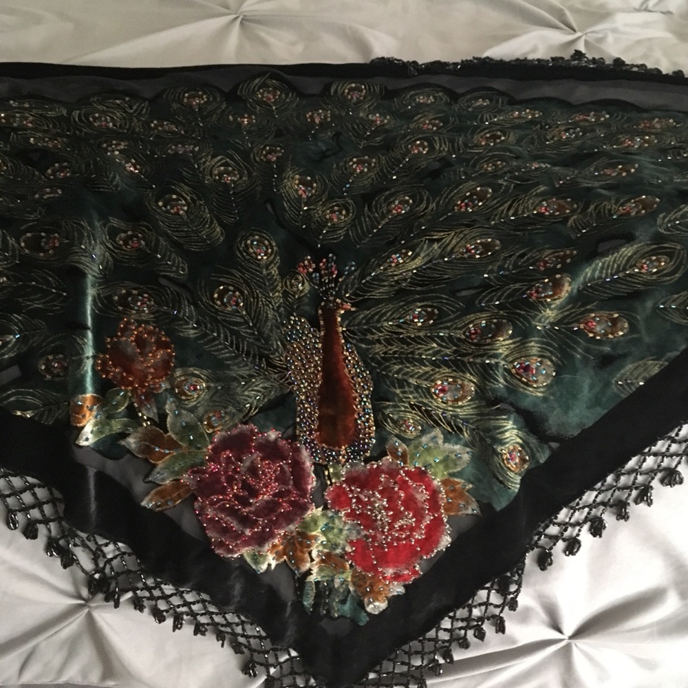 Shall, opera-fancy, textured, peacock design.